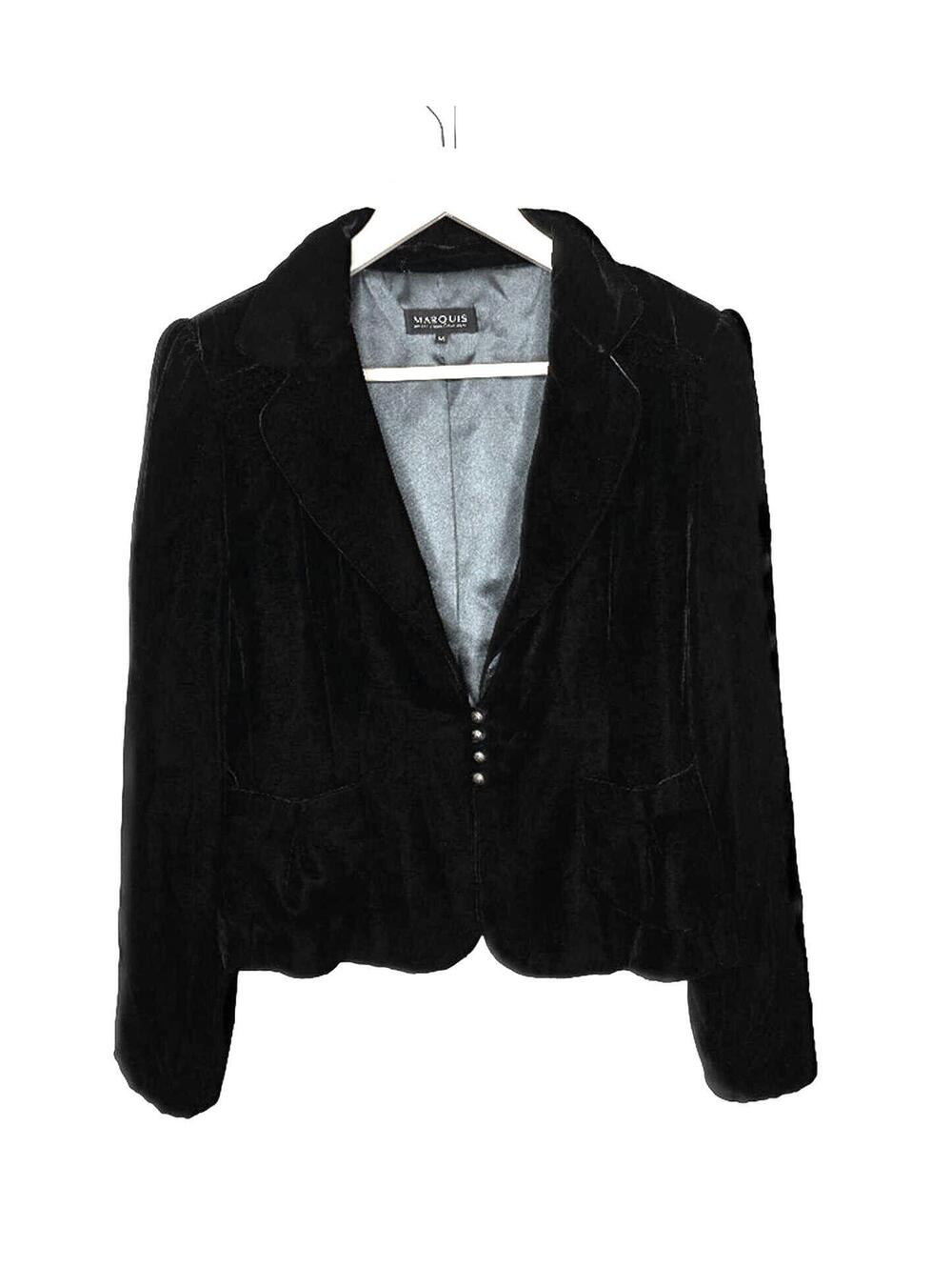 Marquis Vintage Lined Black Velvet Women's Jacket, Lapel Collar Long Sleeve Med